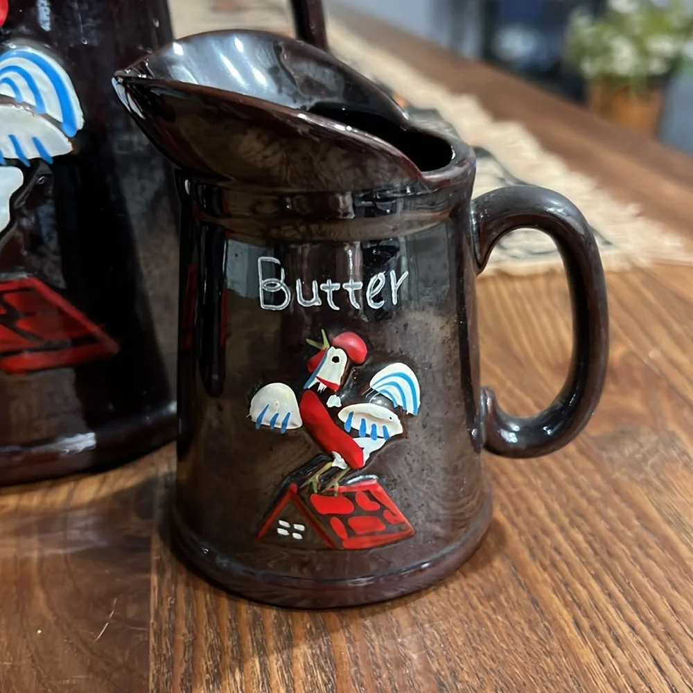 Vintage Redware 1950s pancake batter set with rooster design